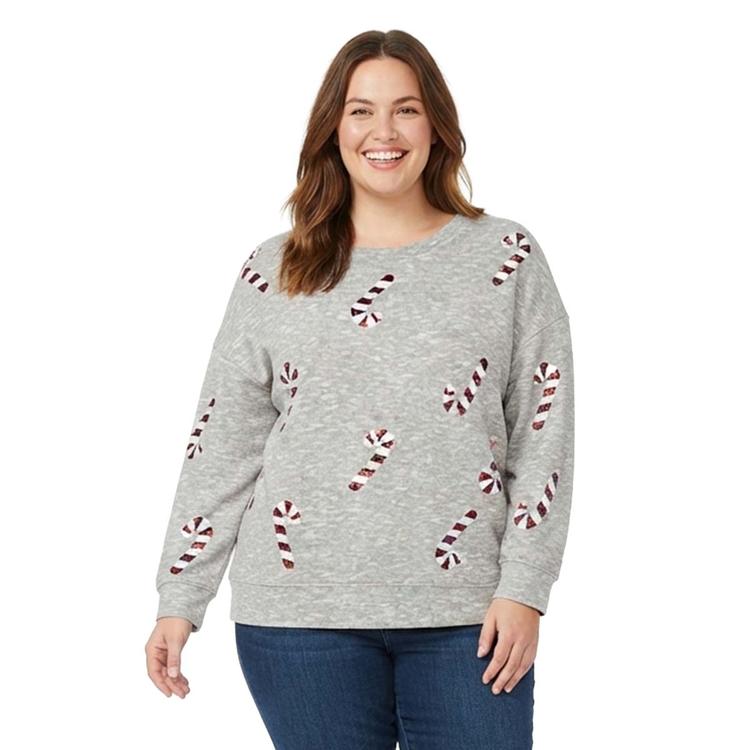 Plus Size Tru Self Long Sleeve Sequin Candy Cane Sweater