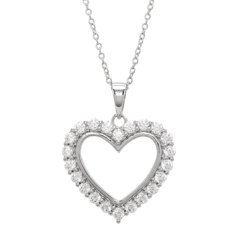 Silver Plated CZ Open Heart Pendant Necklace