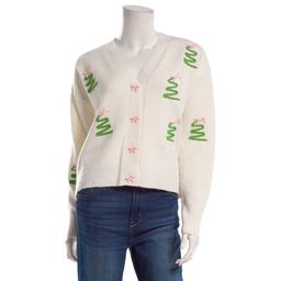 Juniors No Comment Christmas Tree Bow Button Cardigan