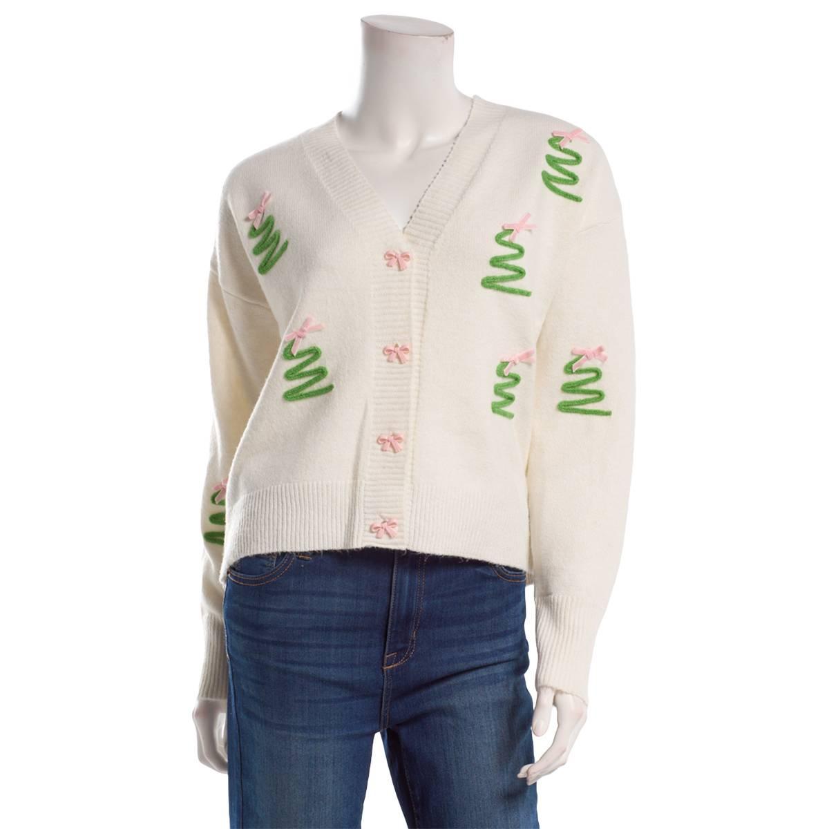 Juniors No Comment Christmas Tree Bow Button Cardigan