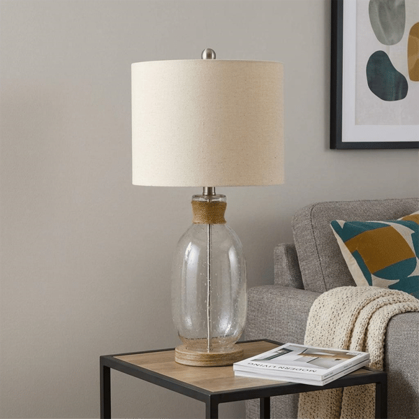 HomeRoots 26in. Brown Mason Jar Table Lamp with Drum Shade