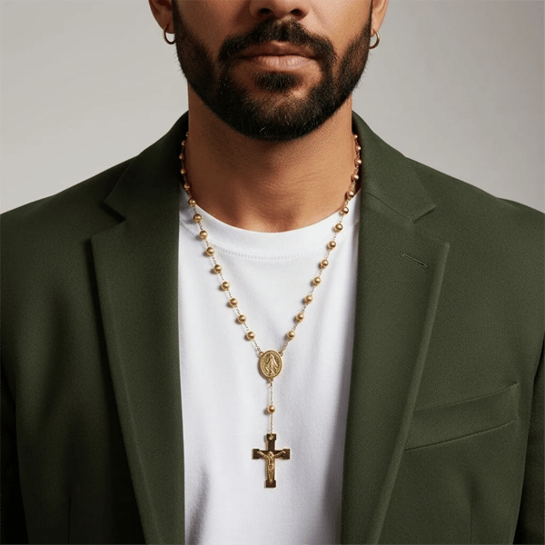 Mens Iron Saints 18kt. Gold Plated Rosary with Cross & Crucifix