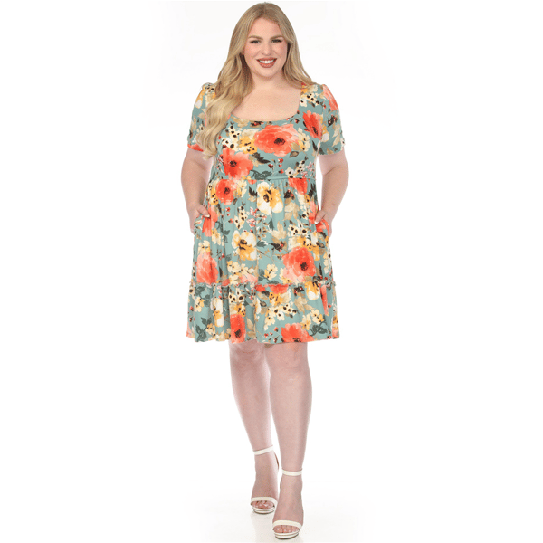 Plus Size White Mark Square Neck Short Sleeve Floral Dress - image 