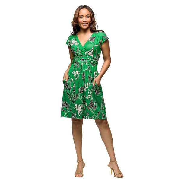 Womens 24/7 Comfort Apparel Green Floral V-Neck Pocket Dress - image 