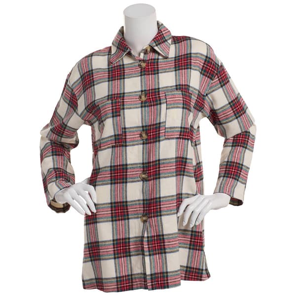 Womens NY Collection Plaid Patch Pockets Button Down - Cream Red - image 