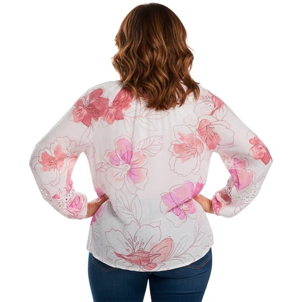 Plus Size Zac & Rachel Floral Bracelet Sleeve Tie Neck Blouse