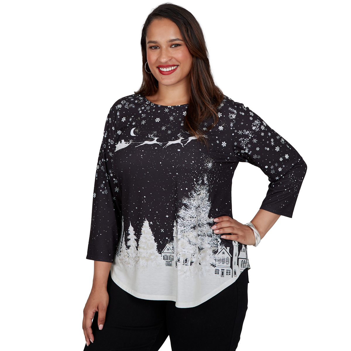 Plus Size Ruby Rd. Happy Holidays Santa''s Sleigh Scenic Tee