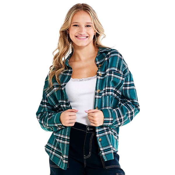 Juniors No Comment Tart Plaid Oversized Shacket w/Pocket