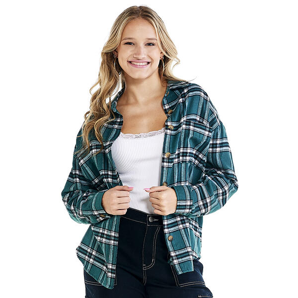 Juniors No Comment Tart Plaid Oversized Shacket w/Pocket - image 