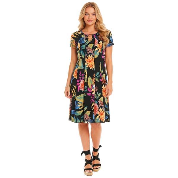 Petite Sami & Jo Short Sleeve Keyhole Neck Floral A-Line Dress - image 
