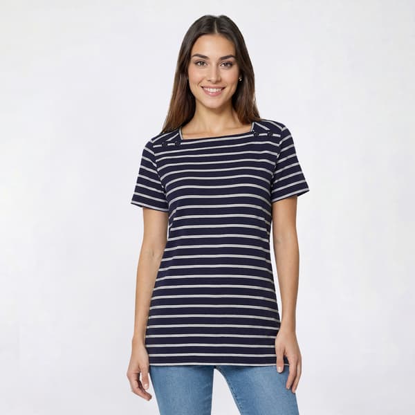 Womens Hasting & Smith Short Sleeve Stripe Button Shoulder Tee