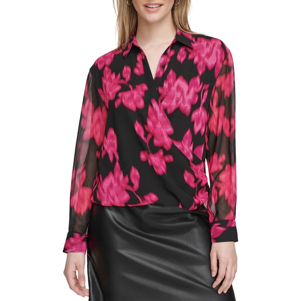 Womens Calvin Klein Long Sleeve Wrap Blurred Blouse - image 