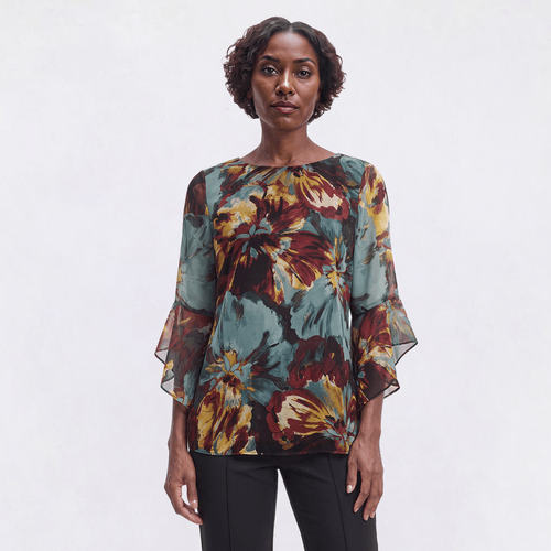 Womens Kasper 3/4 Ruffle Sleeve Painted Floral Blouse - image 