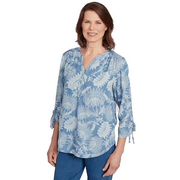 Petite Alfred Dunner Classics Split Neck Floral Tie Sleeve Blouse