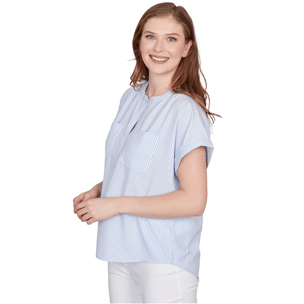 Petite Hearts of Palm Aqua Fresh Short Sleeve Stripe Blouse