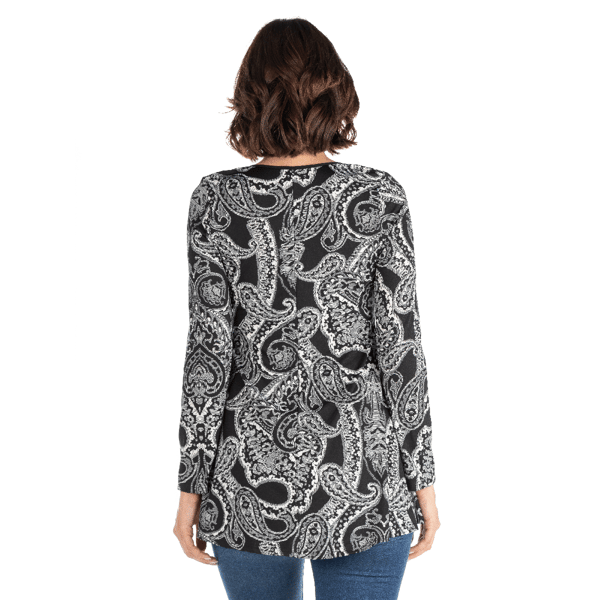 Womens 24/7 Comfort Apparel Black Paisley Long Sleeve Tunic Top