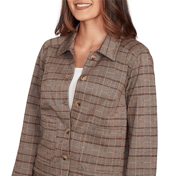 Womens Hearts of Palm Neutral Ground Long Sleeve Plaid Jacket