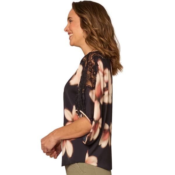 Womens Democracy Inset Lace Dolman Sleeve Floral Blouse