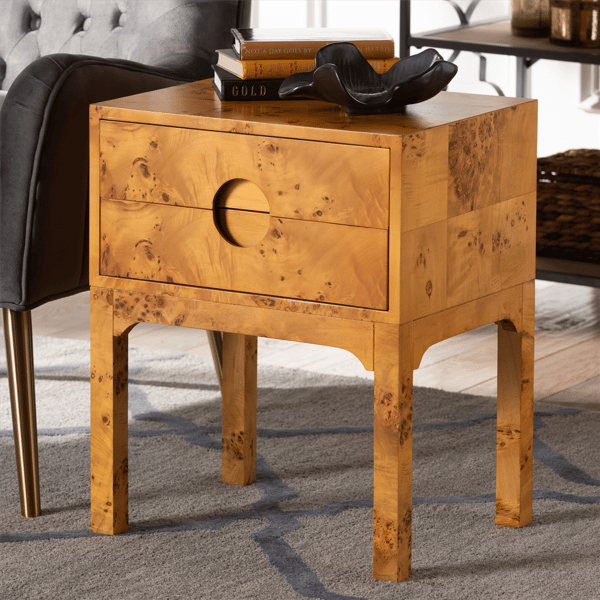 bali & pari Kayla Modern Real Burl Wood 2-Drawer Nightstand