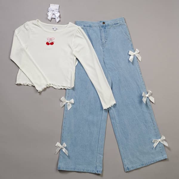 Girls (7-12) BTween(R) Long Sleeve Cherry Top w/ Wide Leg Bow Jeans - image 