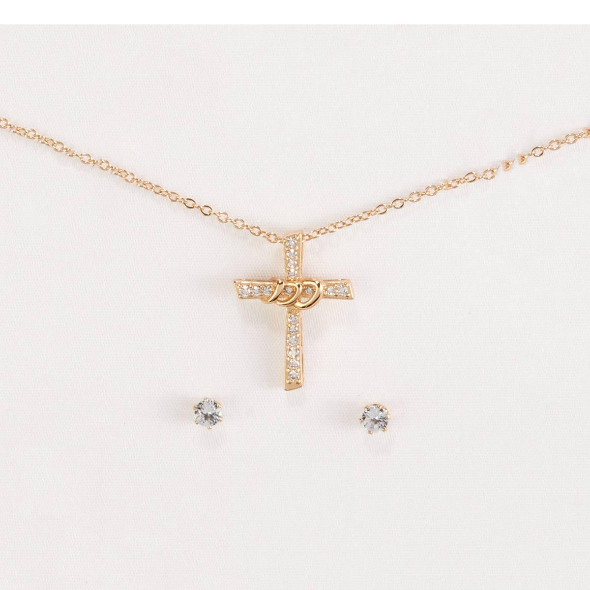 Gold-Tone CZ Pave Cross Pendant & Round Earrings Set