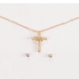 Gold-Tone Cubic Zirconia Pave Cross Pendant & Round Earrings Set