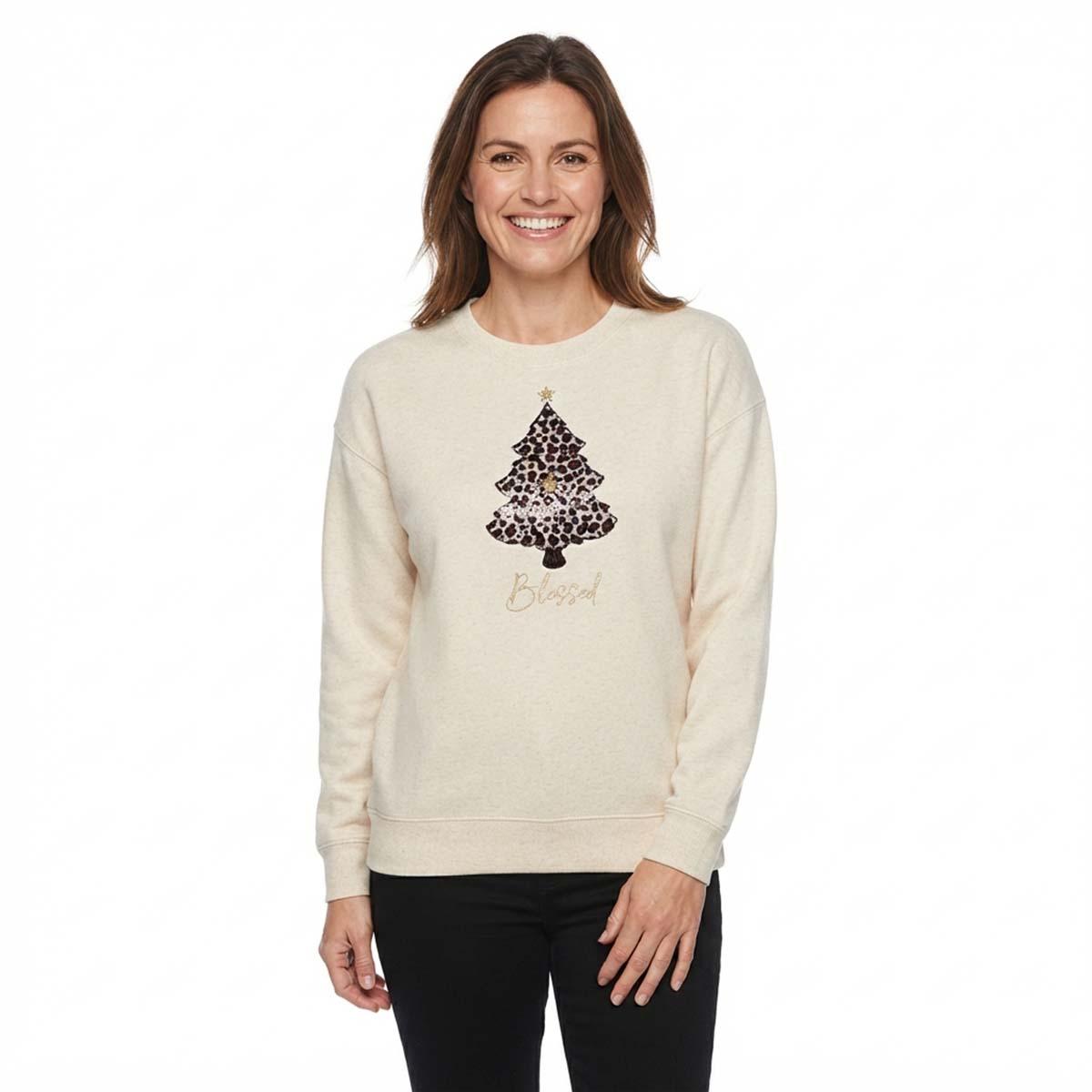 Womens Tru Self Long Sleeve Crew Drop Shoulder Tree Sweatshirt
