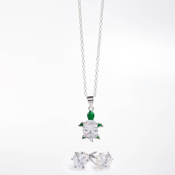 Silver-Tone CZ Turtle Pendant & Earring Set - image 