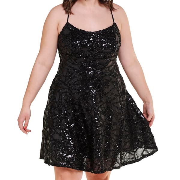 Juniors Plus Emerald Sundae Sequin Cross Back Skater Dress