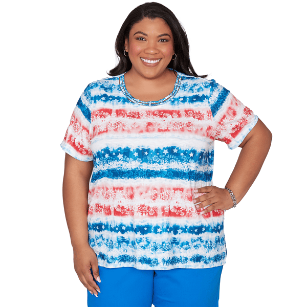 Plus Size Alfred Dunner Lady Liberty Americana Tie Dye Stripe Tee - image 