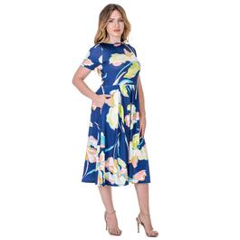 Womens 24/7 Comfort Apparel Blue Floral Fit & Flare Midi Dress