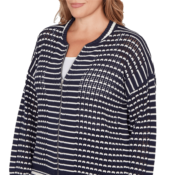 Plus Size Ruby Rd. Jetsetter Stripe Stitch Knit Bomber Jacket