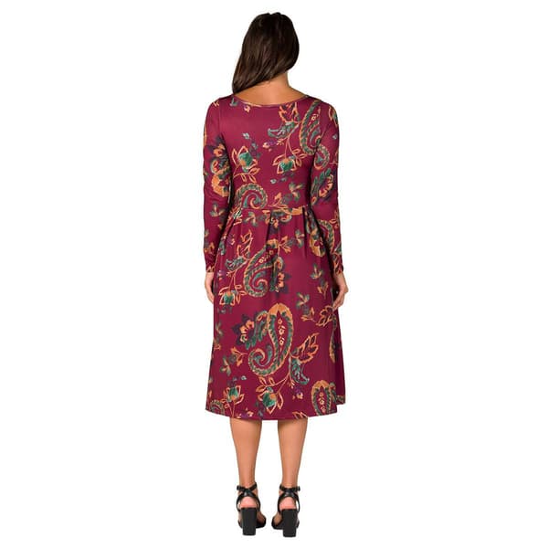 Womens 24/7 Comfort Apparel Wine Paisley Midi Pocket Dress