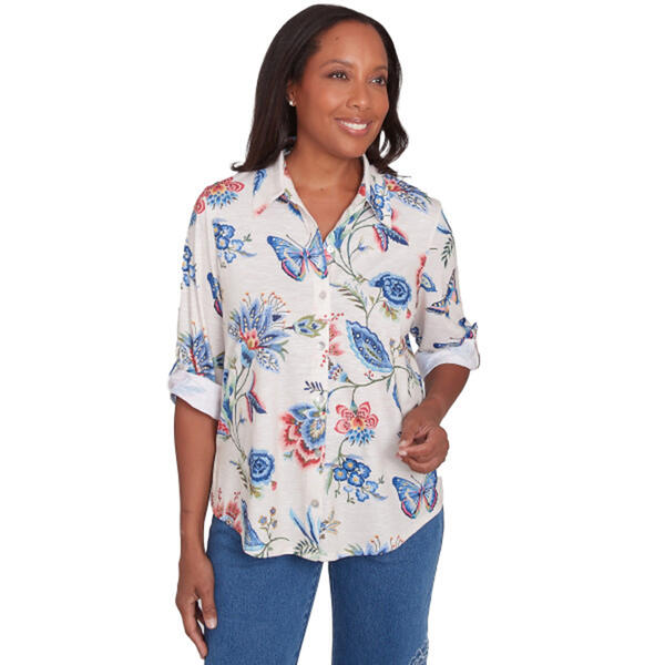 Petite Alfred Dunner Free Spirit Knit Butterflies Button Down - image 