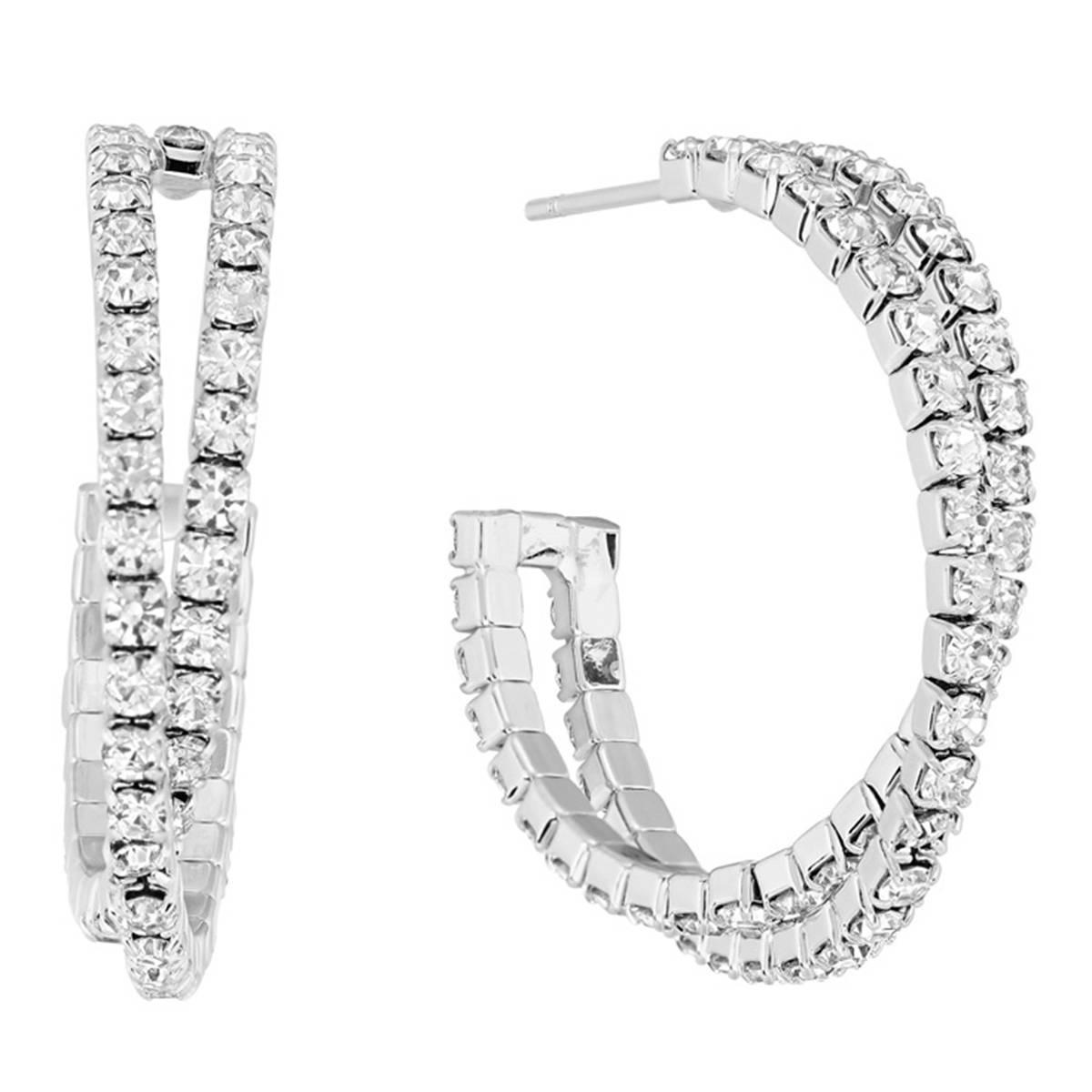 Athra Fine Silver Plated Crystal Crisscross Hoop Earrings