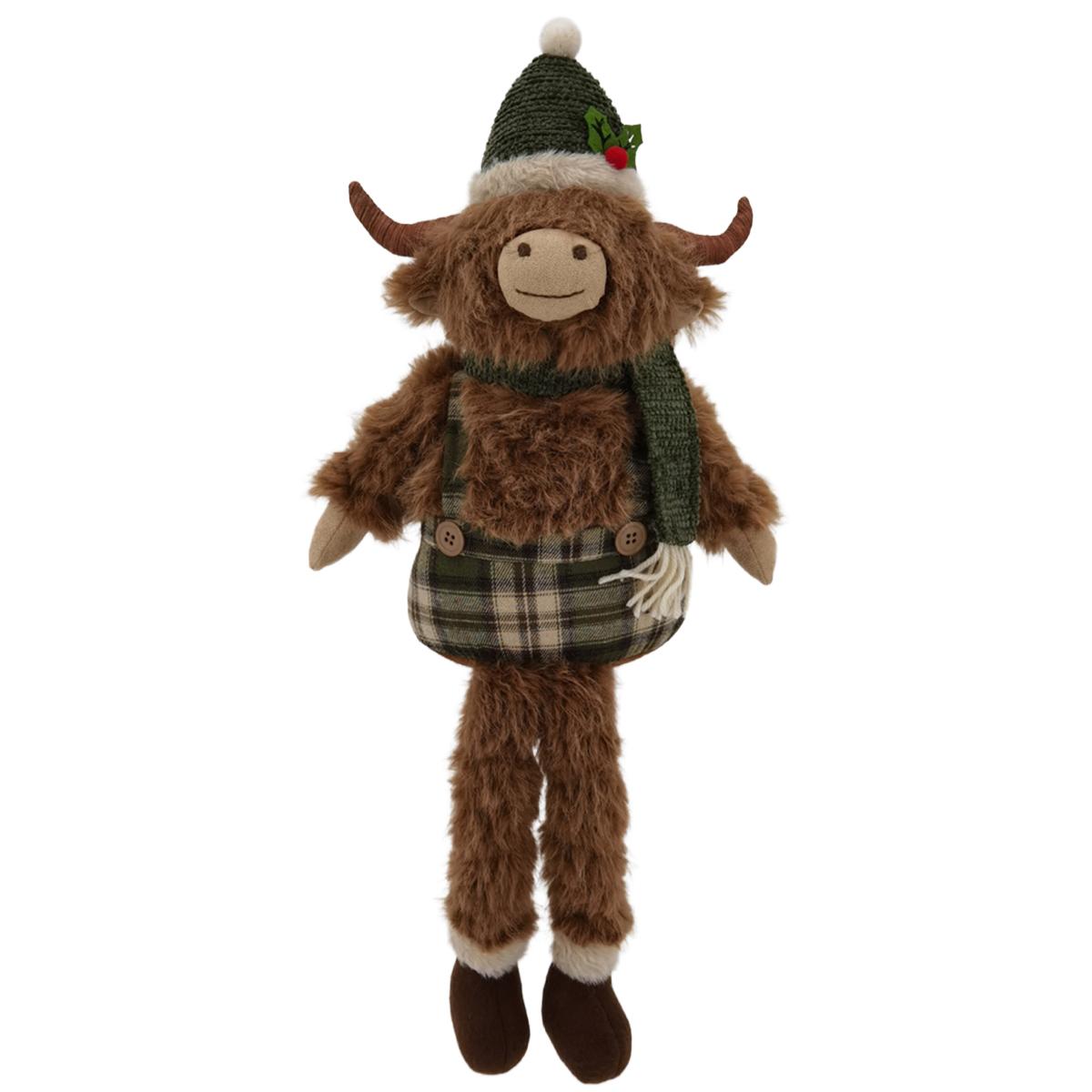 Sitting Plush Highland Cow with Jacket Decor