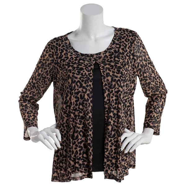 Petite Notations 3/4 Sleeve Cheetah Mesh 2Fer Blouse