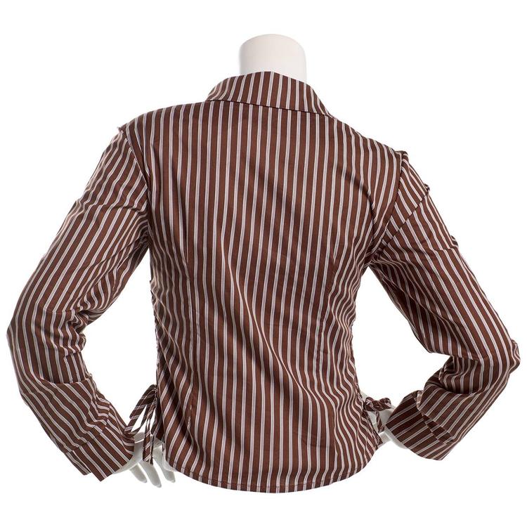 Juniors No Comment Long Sleeve Stripe Button Front Top - Brown