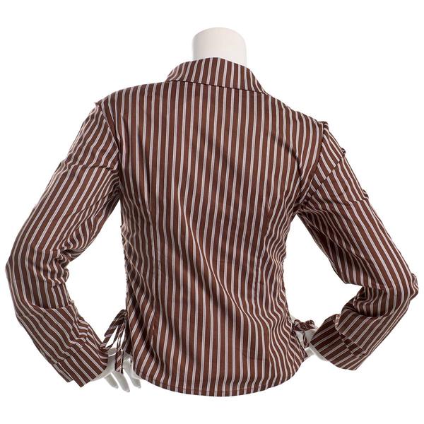 Juniors No Comment Long Sleeve Stripe Button Front Top - Brown