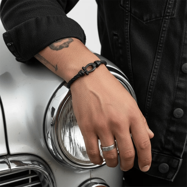 Mens Iron Saints Black Cable Cuff Bracelet