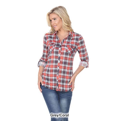 Womens White Mark Oakley Stretch Plaid Casual Button Down Top