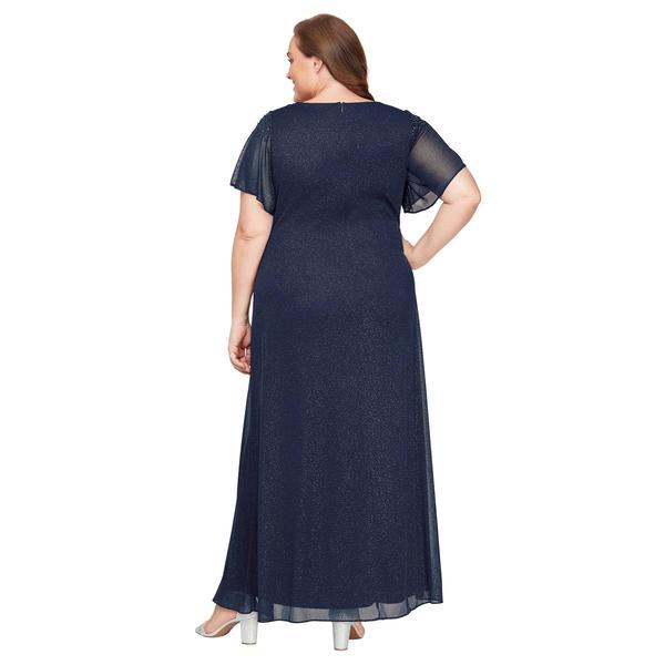 Plus Size SLNY Flutter Sleeve Solid Glitter Mesh Gown