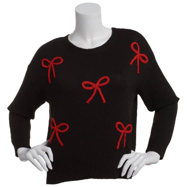 Juniors No Comment Holiday Bows Crew Neck Pullover Sweater - image 