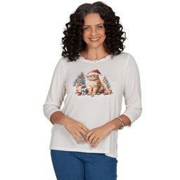 Womens Alfred Dunner Classics 3/4 Sleeve Santa Cat Tee