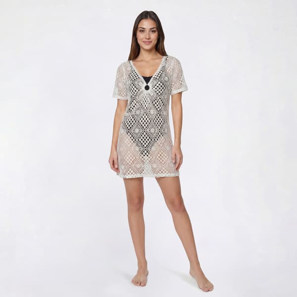 Womens Cover Me Crochet Short Sleeve Cover Up Dress w/ Ring - image 