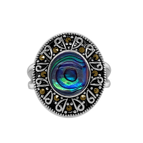 Marsala Silver Plated Marcasite & Paua Shell Oval Ring - image 