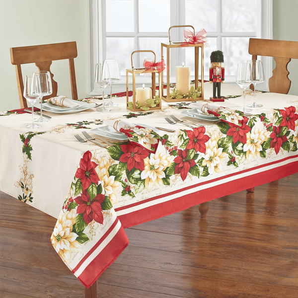 Threadmade Red & White Poinsettias Tablecloth