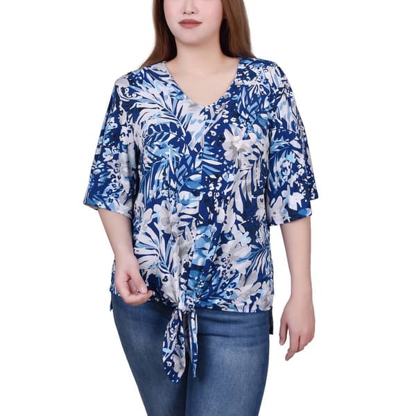 Womens NY Collection Elbow Sleeve Tie Front Crepe Leaf Blouse
