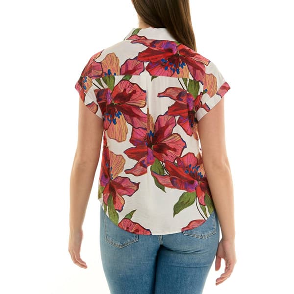 Womens Zac & Rachel Cap Sleeve Hibiscus Button Front Blouse