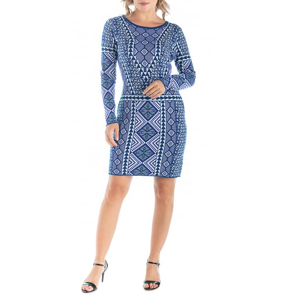Womens 24/7 Comfort Apparel Diamond Print Long Sleeve Shift Dress - image 